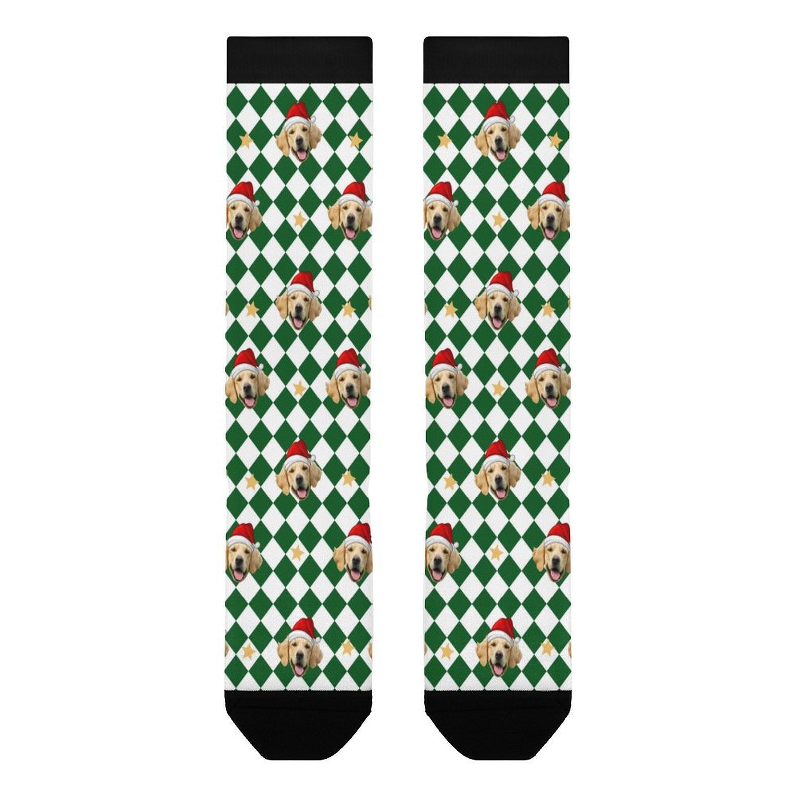 Custom Pet Face Green White Plaid Christmas Socks-WEPRINTME-5