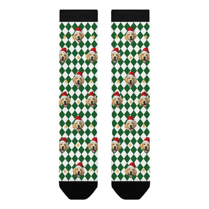 Custom Pet Face Green White Plaid Christmas Socks-WEPRINTME-5