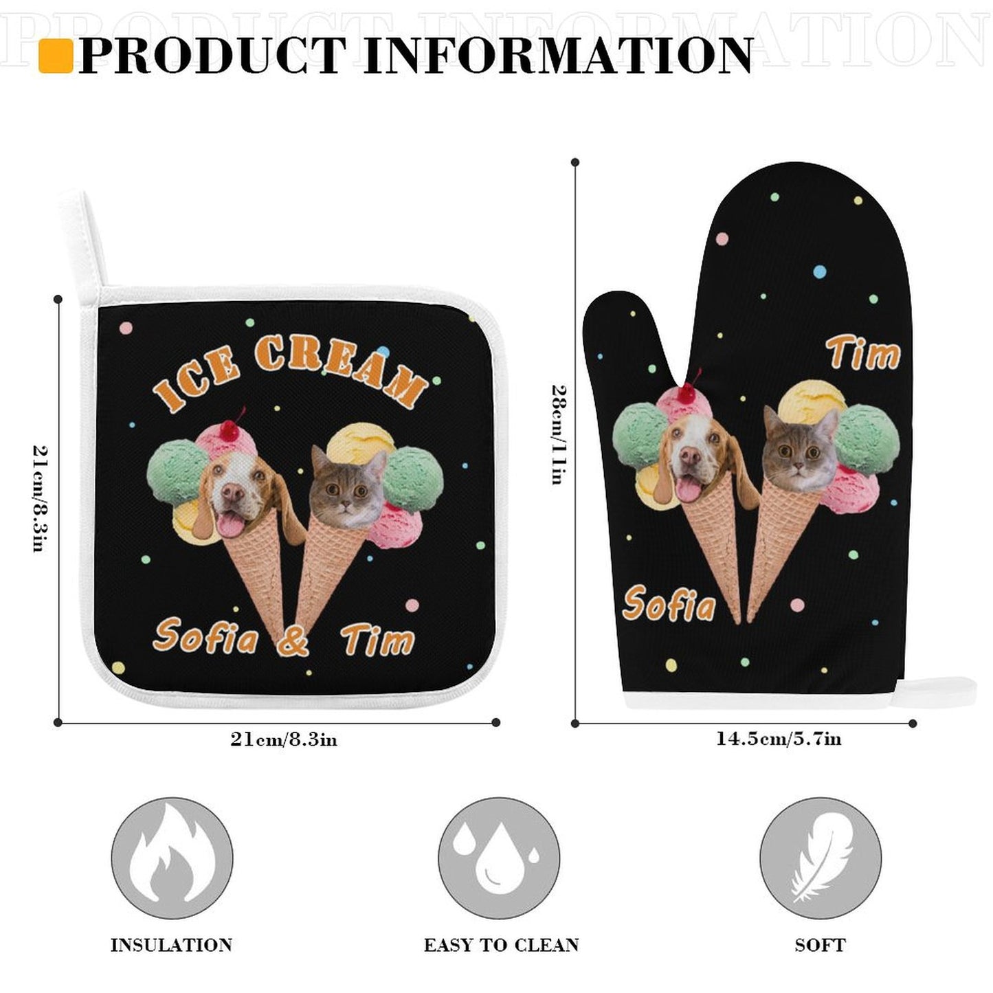 Custom Pet Face Ice Cream Oven Mitts and Pot Holders Sets