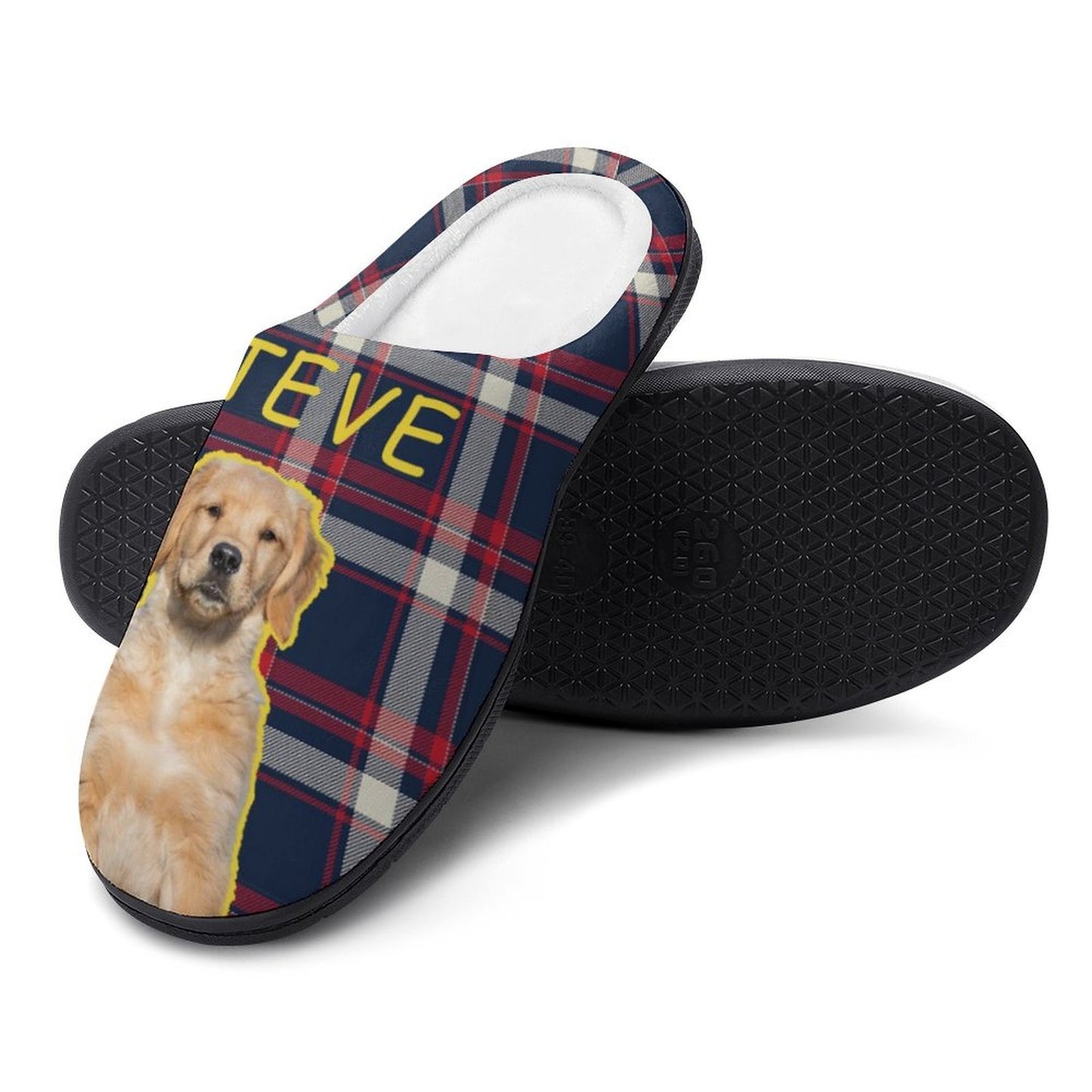 Custom Pet Face and Name Plaid Cotton Slippers