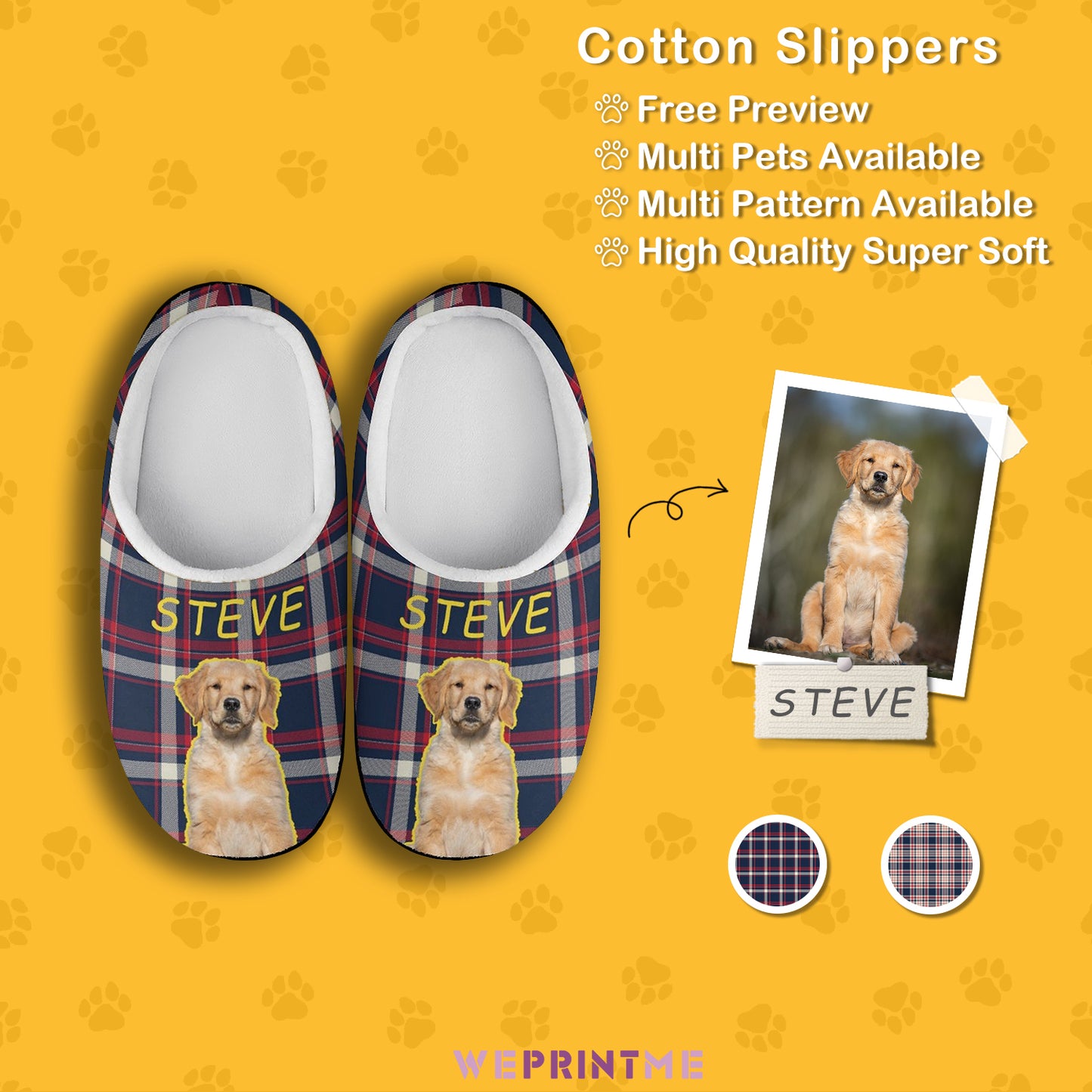 Custom Pet Face and Name Plaid Cotton Slippers