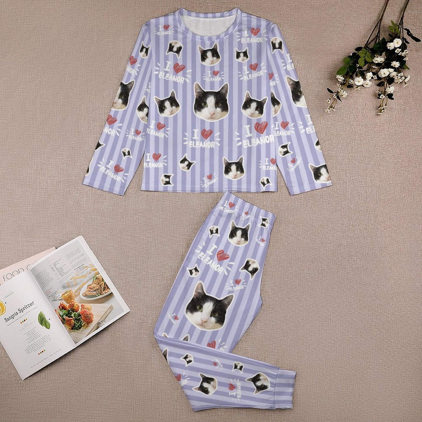 Custom Pet Face Sripe Kids Pajama Set