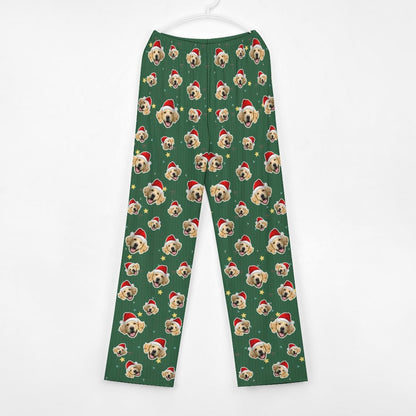 Custom Pet Face Green Stars Santa Pants for Kids-Front2-WEPRINTME