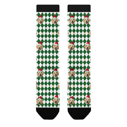 Custom Pet Face Green White Plaid Christmas Socks-WEPRINTME-6