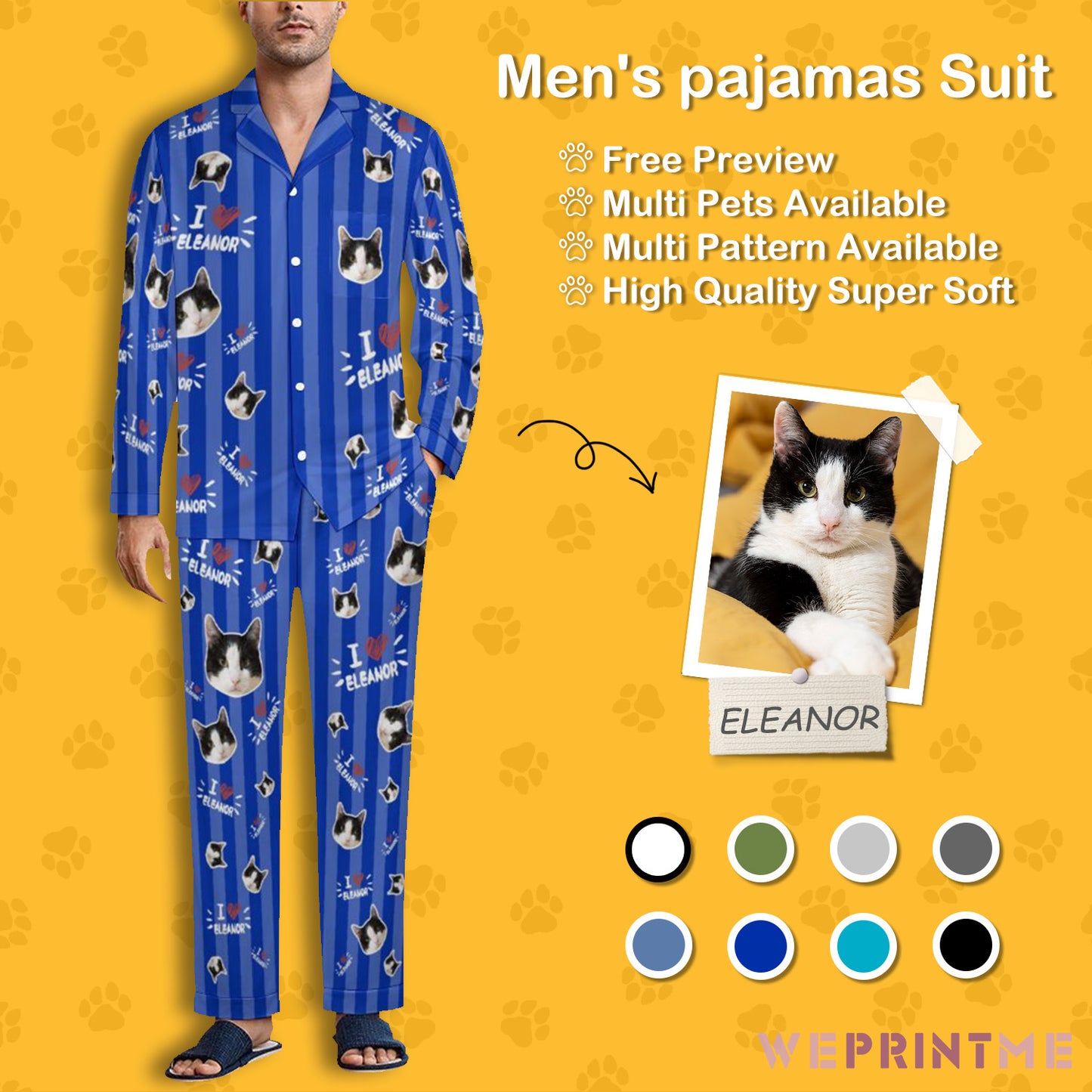 Custom Pet Face and Name Stripe Men's Cotton Long Pajama Set