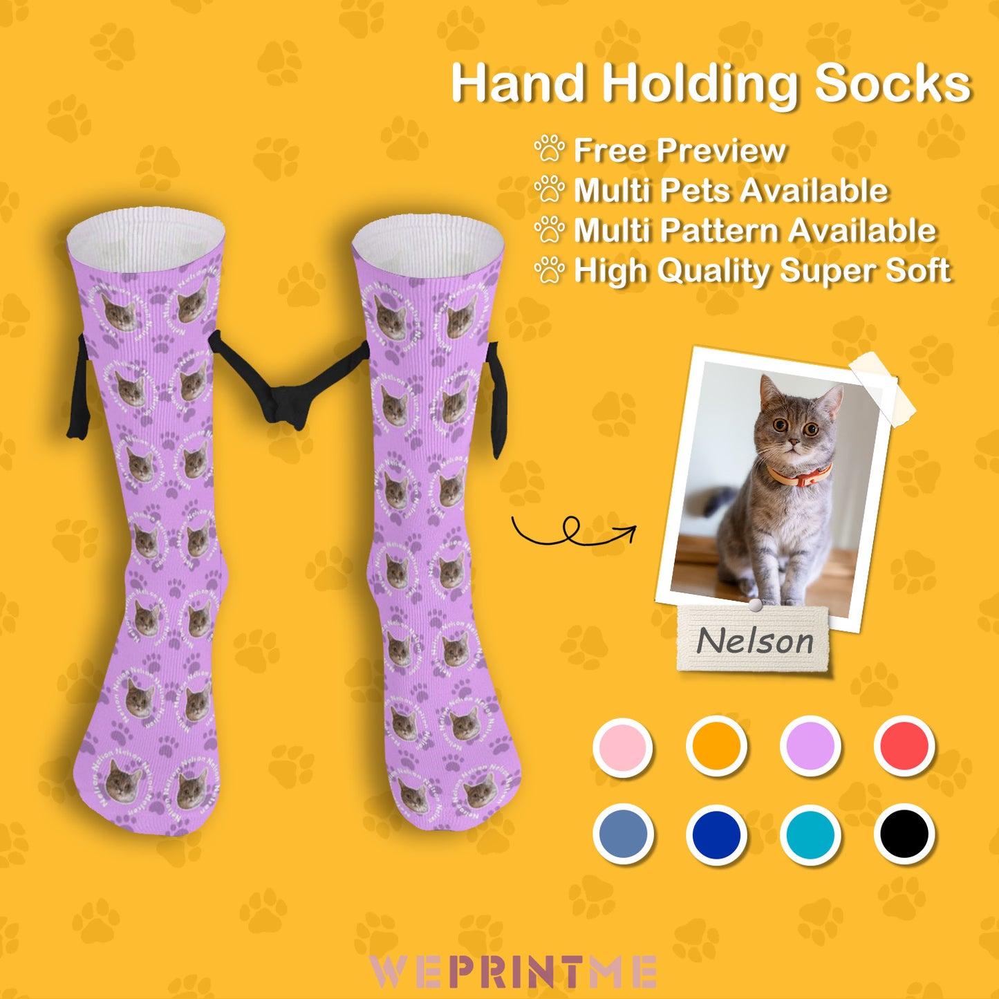 Custom Pet Face and Circle Name Holding Hands Socks