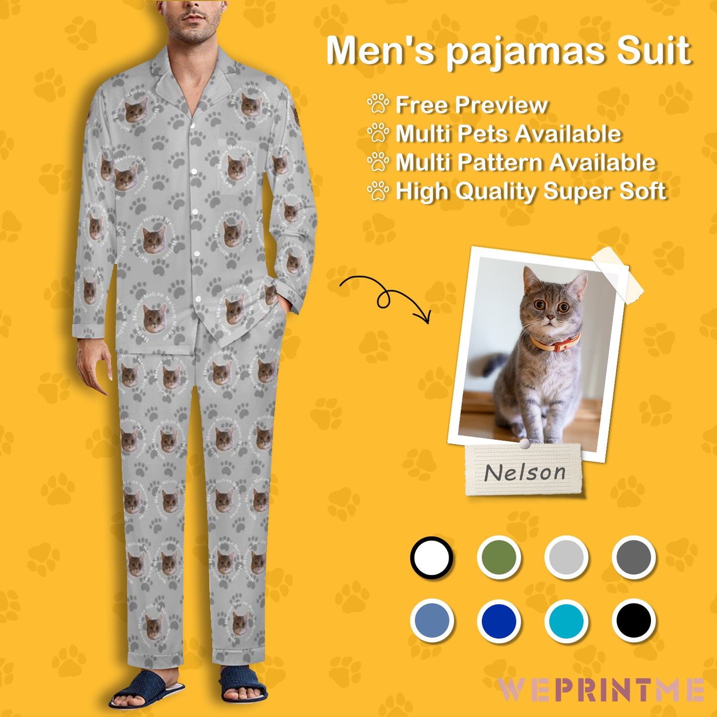 Custom Pet Face and Circle Name Men's Cotton Long Pajama Set