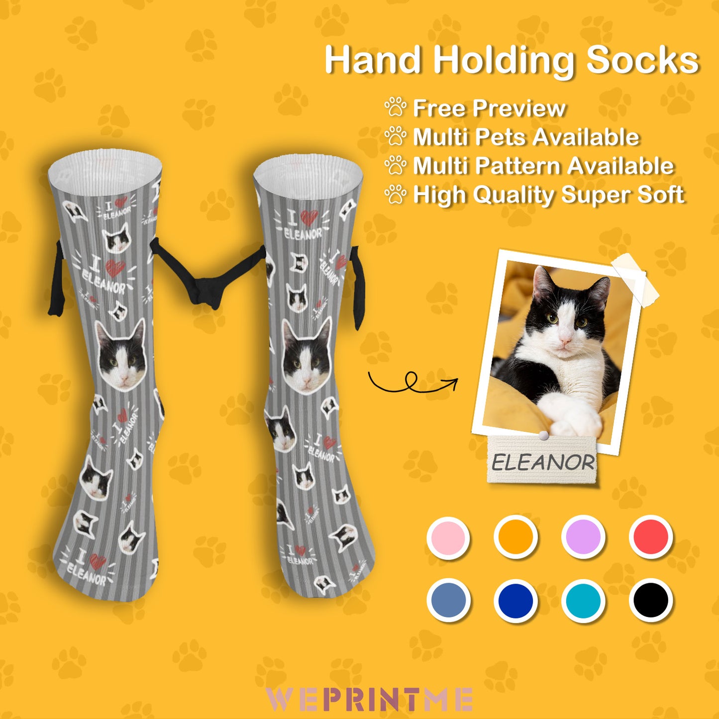 Custom Pet Face and Name Stripe Holding Hands Socks