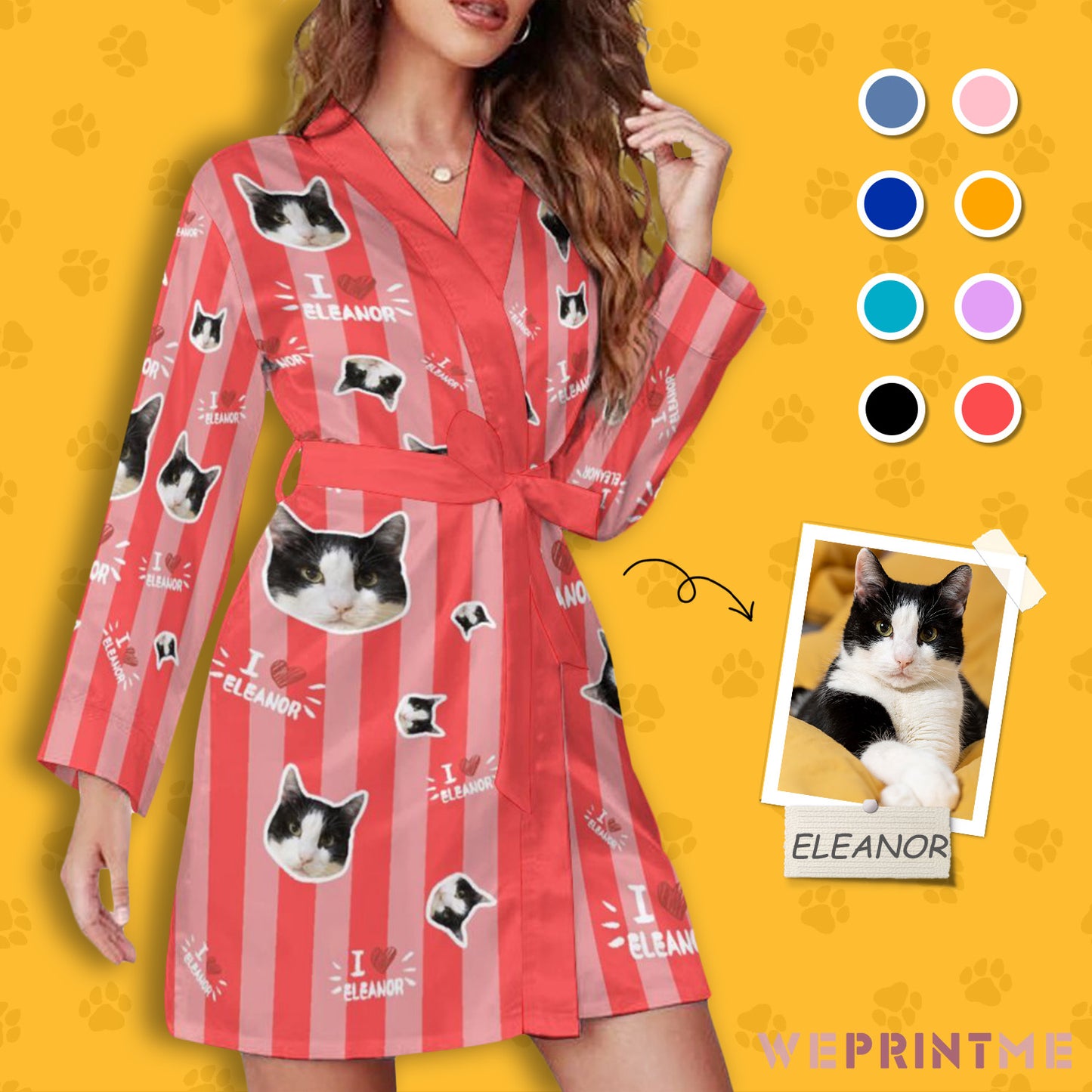 Custom Pet Face and Name Stripe Women's Long Sleeve Robe