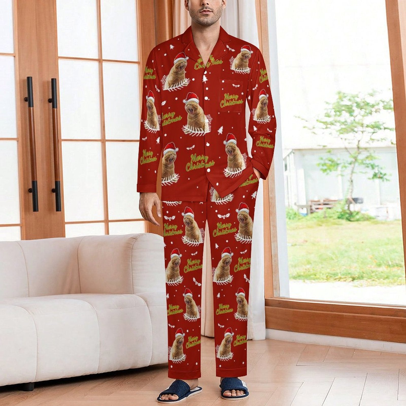 Custom Pet Face Merry Christmas Matching Pajamas-Red Male-WEPRINTME