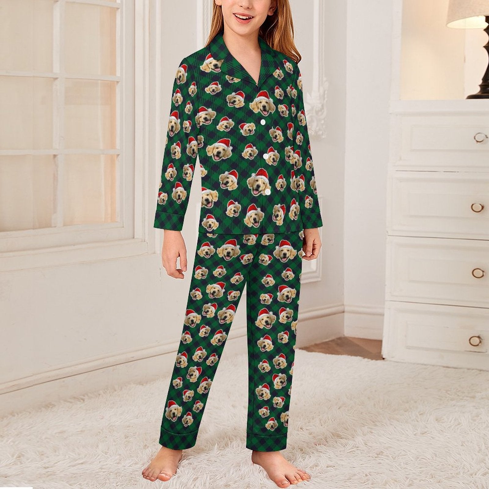 Custom Pet Face Everywhere Christmas Kids Pajamas-Green Plaid-Girl-WEPRINTME