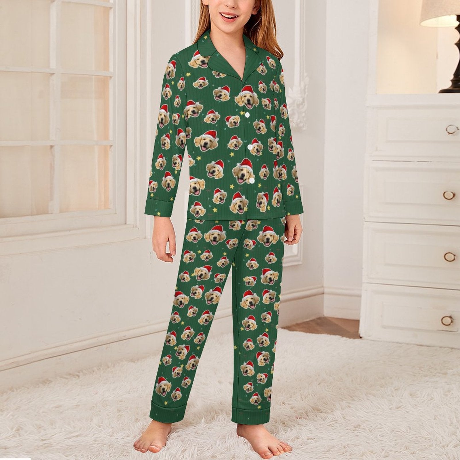 Custom Pet Face Everywhere Christmas Kids Pajamas-Green Stars-Girl-WEPRINTME