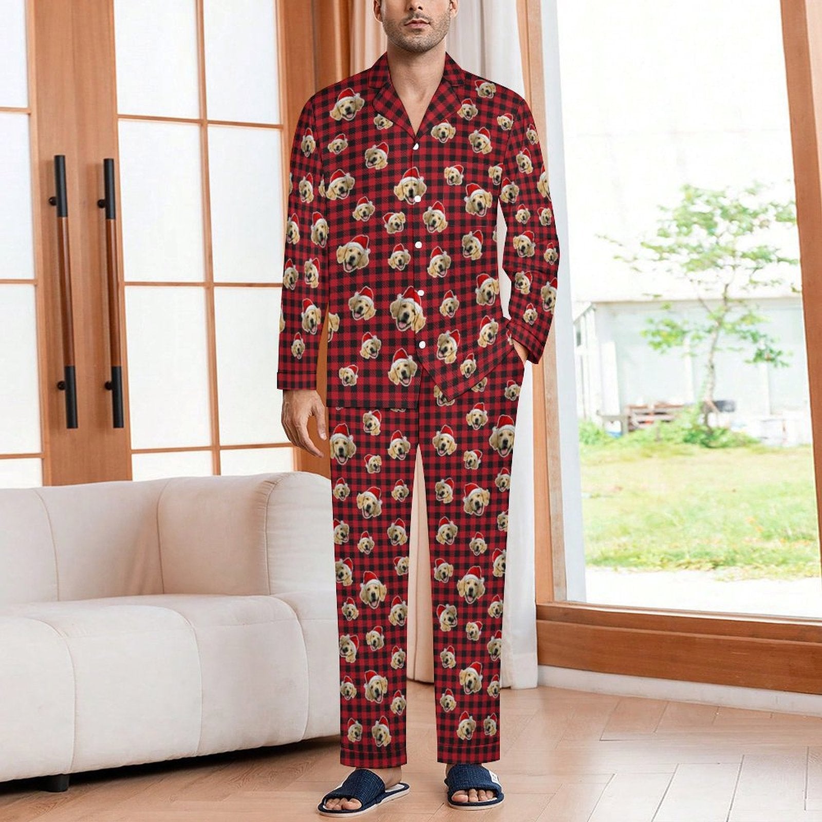 Custom Pet Face Christmas Couple Matching Pajamas-Male Model2-WEPRINTME