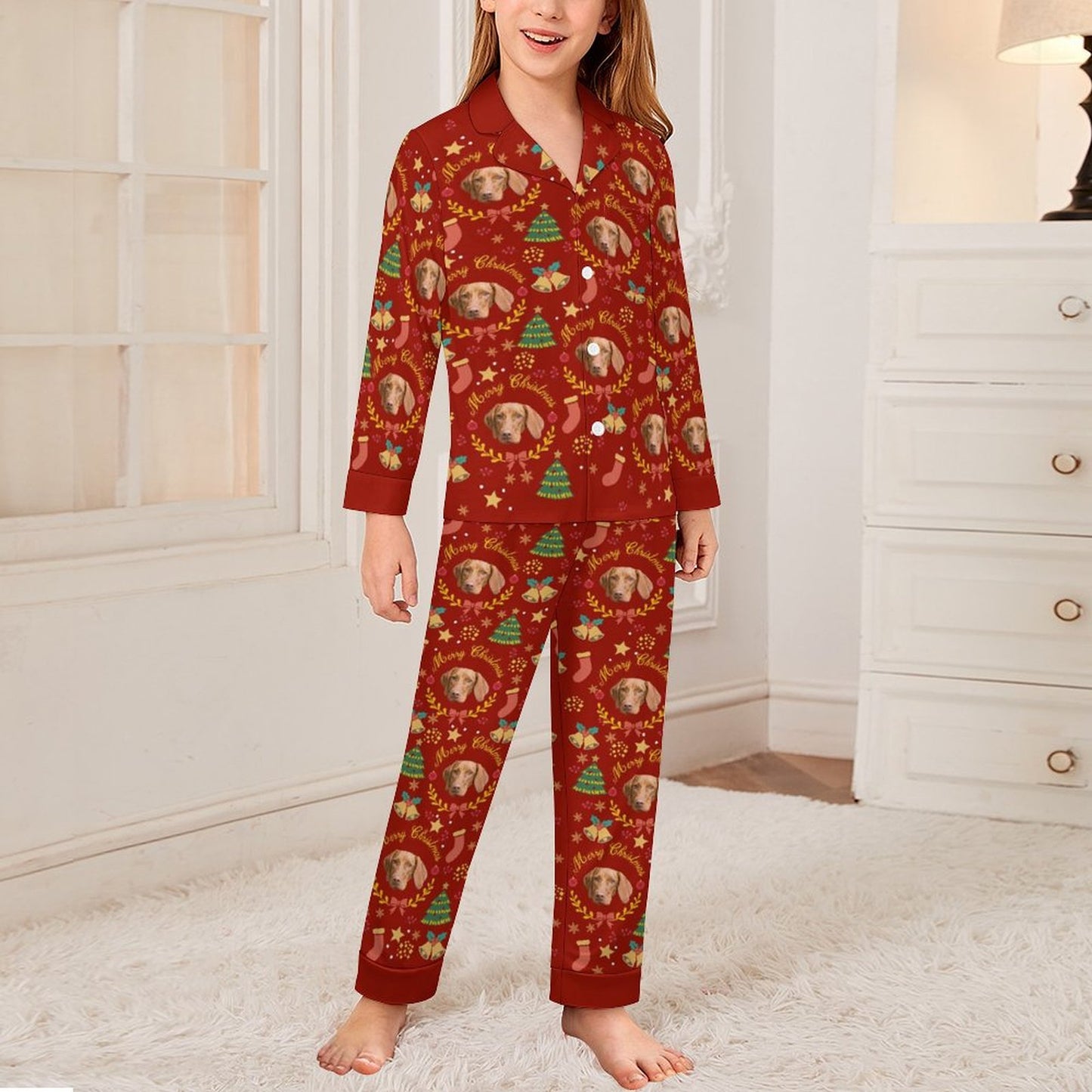 Custom Pet Face Wreath Kids Christmas Pajamas-Red Girl-WEPRINTME