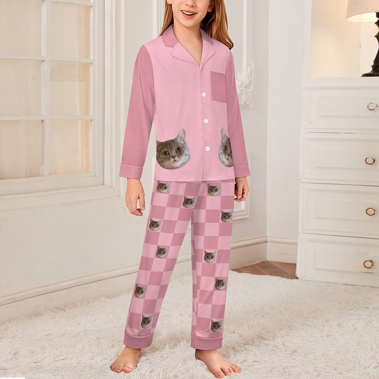 Custom Pet Face  Plaid Button-Down Kids Pajama Set