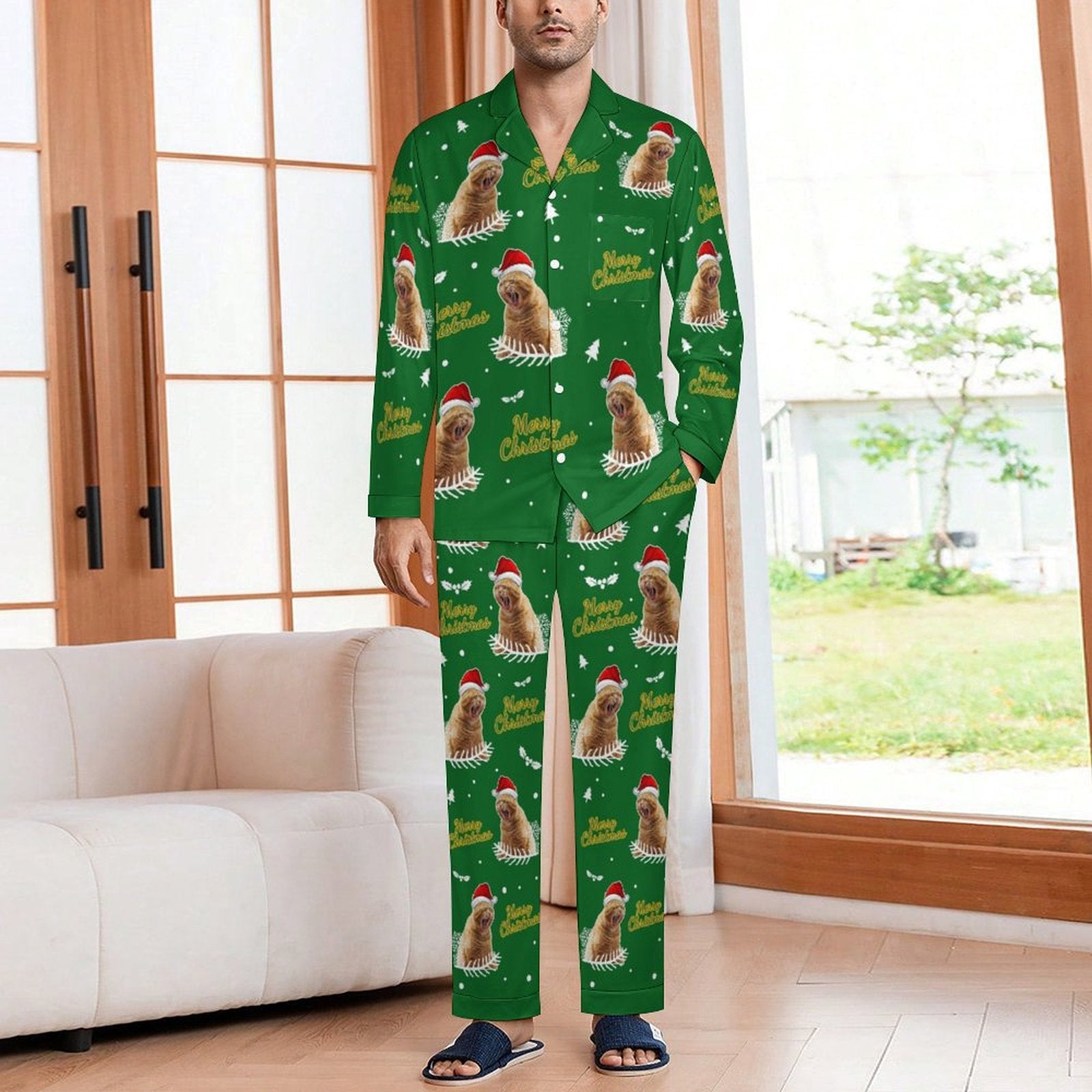 Custom Pet Face Merry Christmas Matching Pajamas-Green Male-WEPRINTME