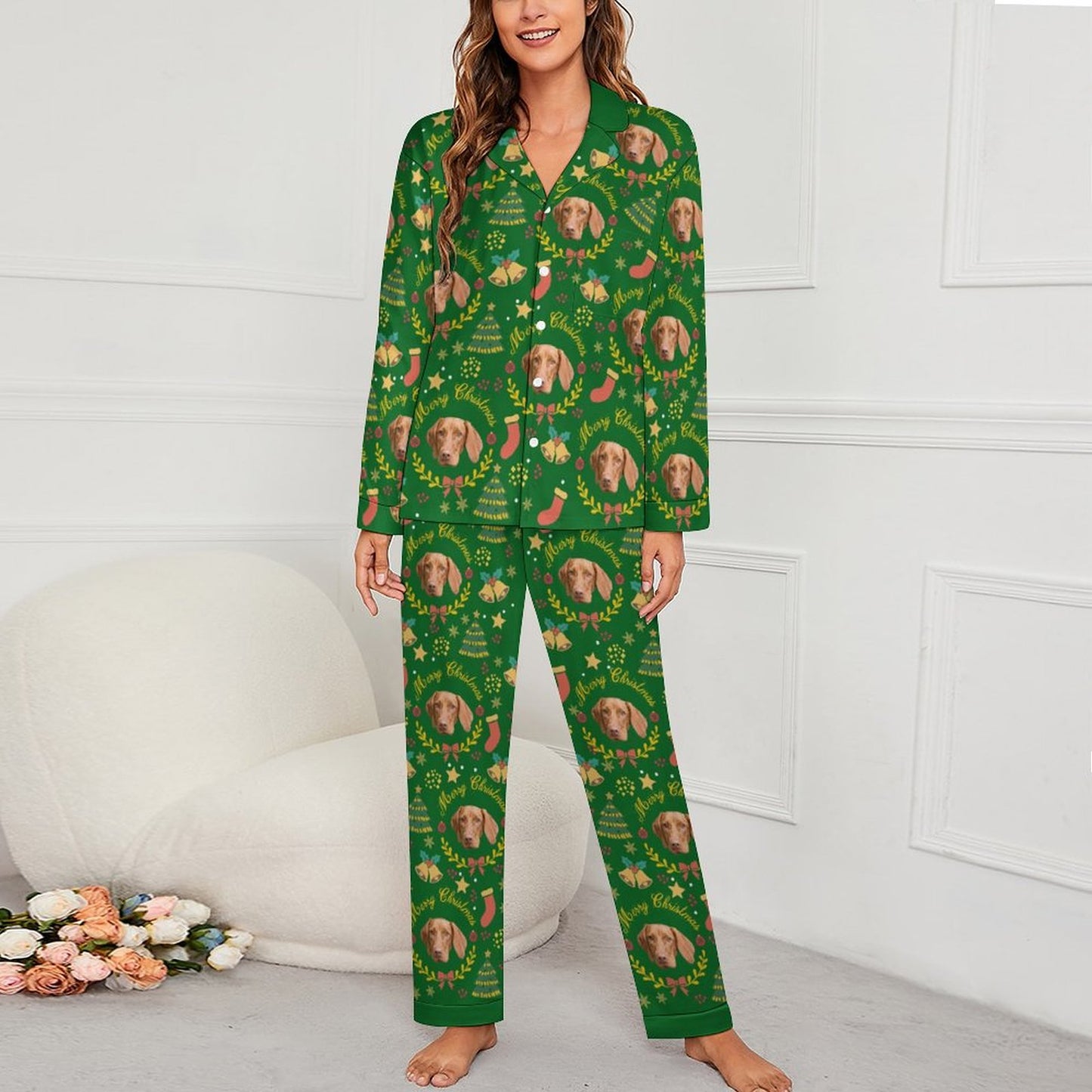 Custom Pet Face Wreath Christmas Matching Pajamas-Female Green-WEPRINTME