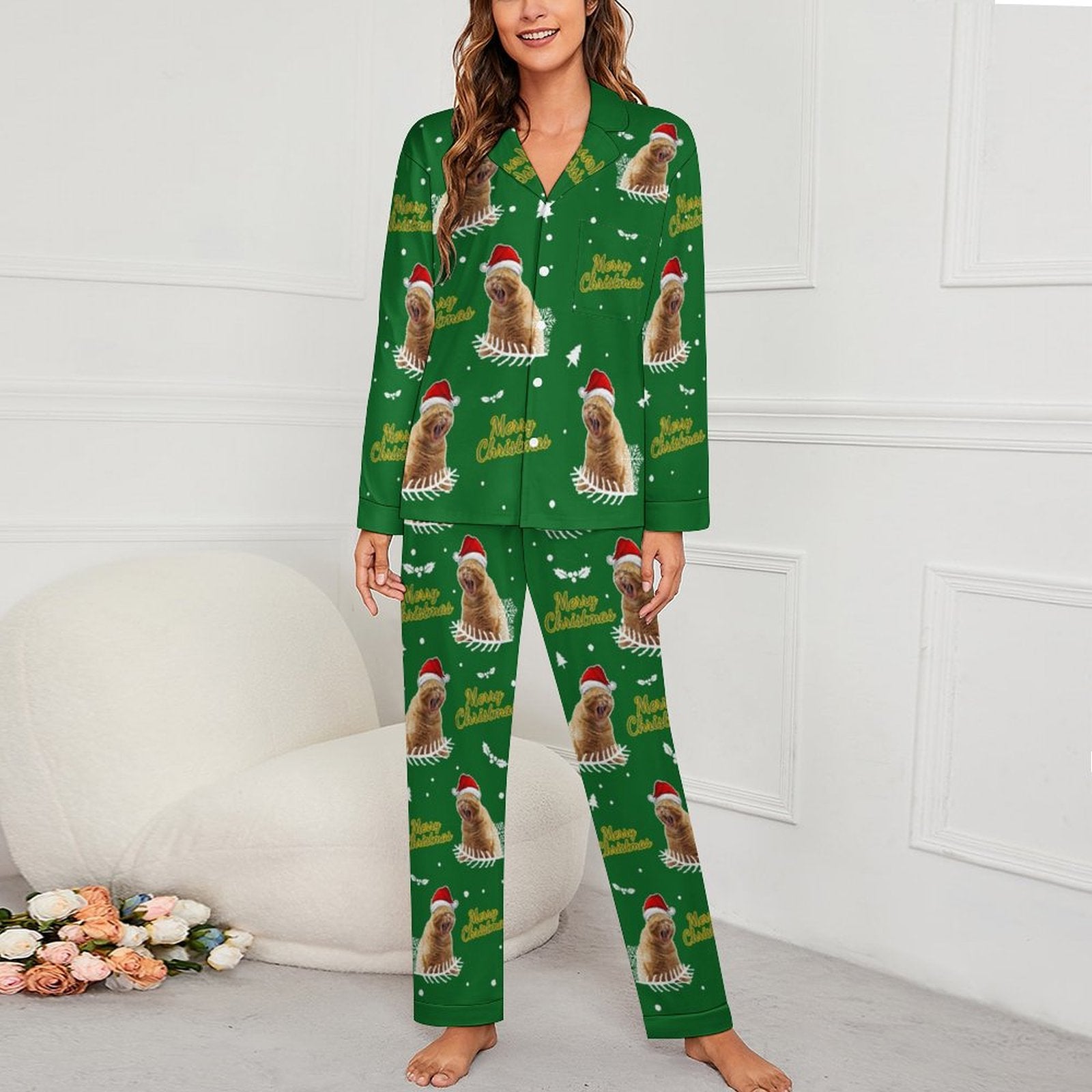 Custom Pet Face Merry Christmas Matching Pajamas-Green Female-WEPRINTME