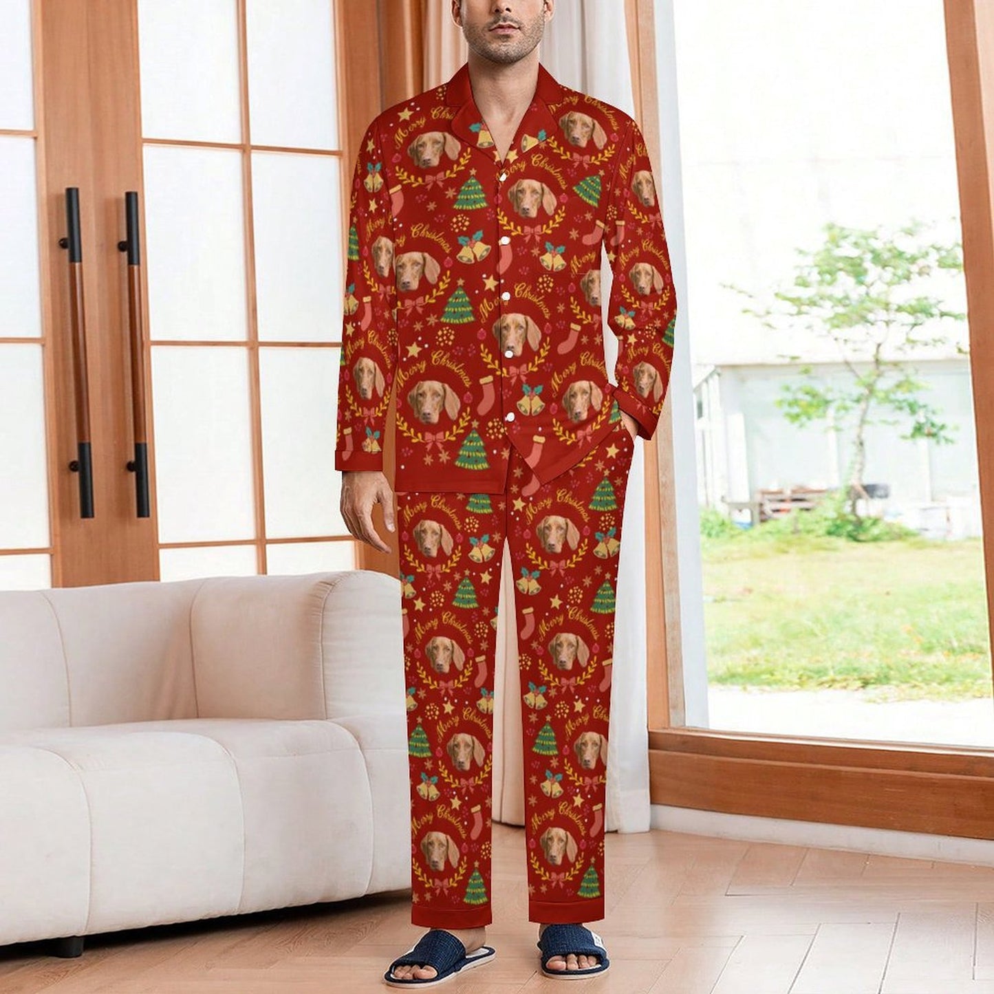 Custom Pet Face Wreath Christmas Matching Pajamas-Male Red-WEPRINTME