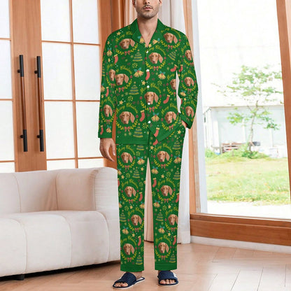 Custom Pet Face Wreath Christmas Matching Pajamas-Male Green-WEPRINTME