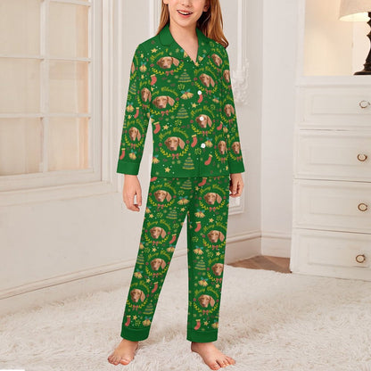 Custom Pet Face Wreath Kids Christmas Pajamas-Green Girl-WEPRINTME