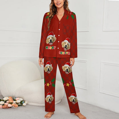 Custom Pet Face Merry Christmas Women Long Pajamas-Model-WEPRINTME