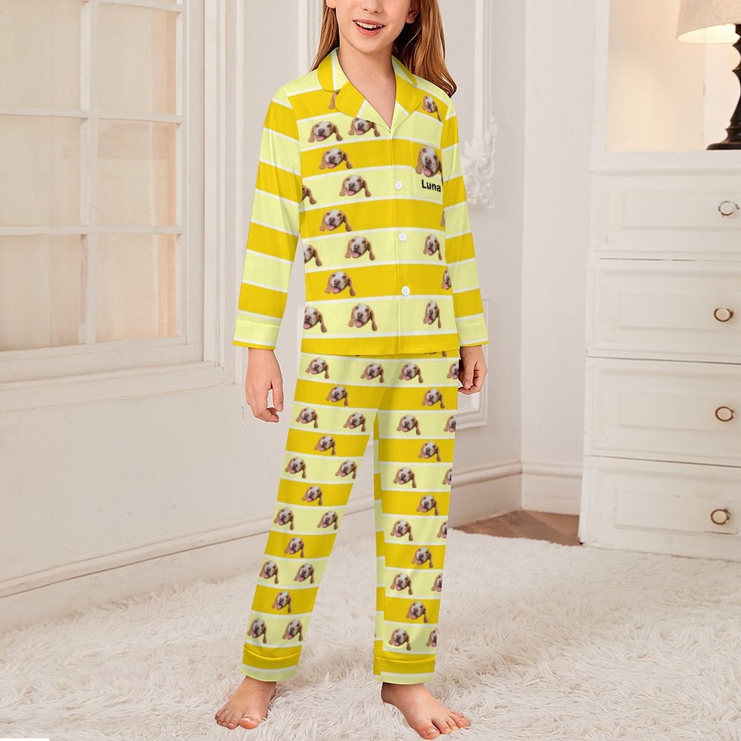 Custom Pet Face Stripe Button-Down Kids Pajama Set