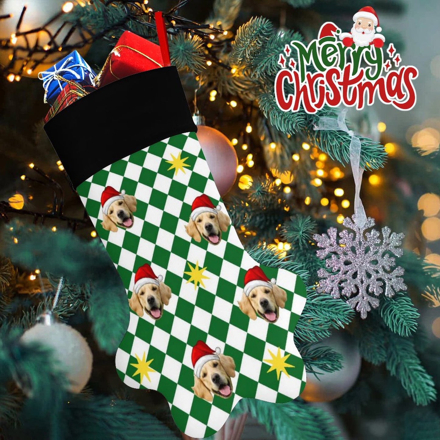 Personalized Pet Face Green Plaid Paw Christmas Stockings-WEPRINTME-3