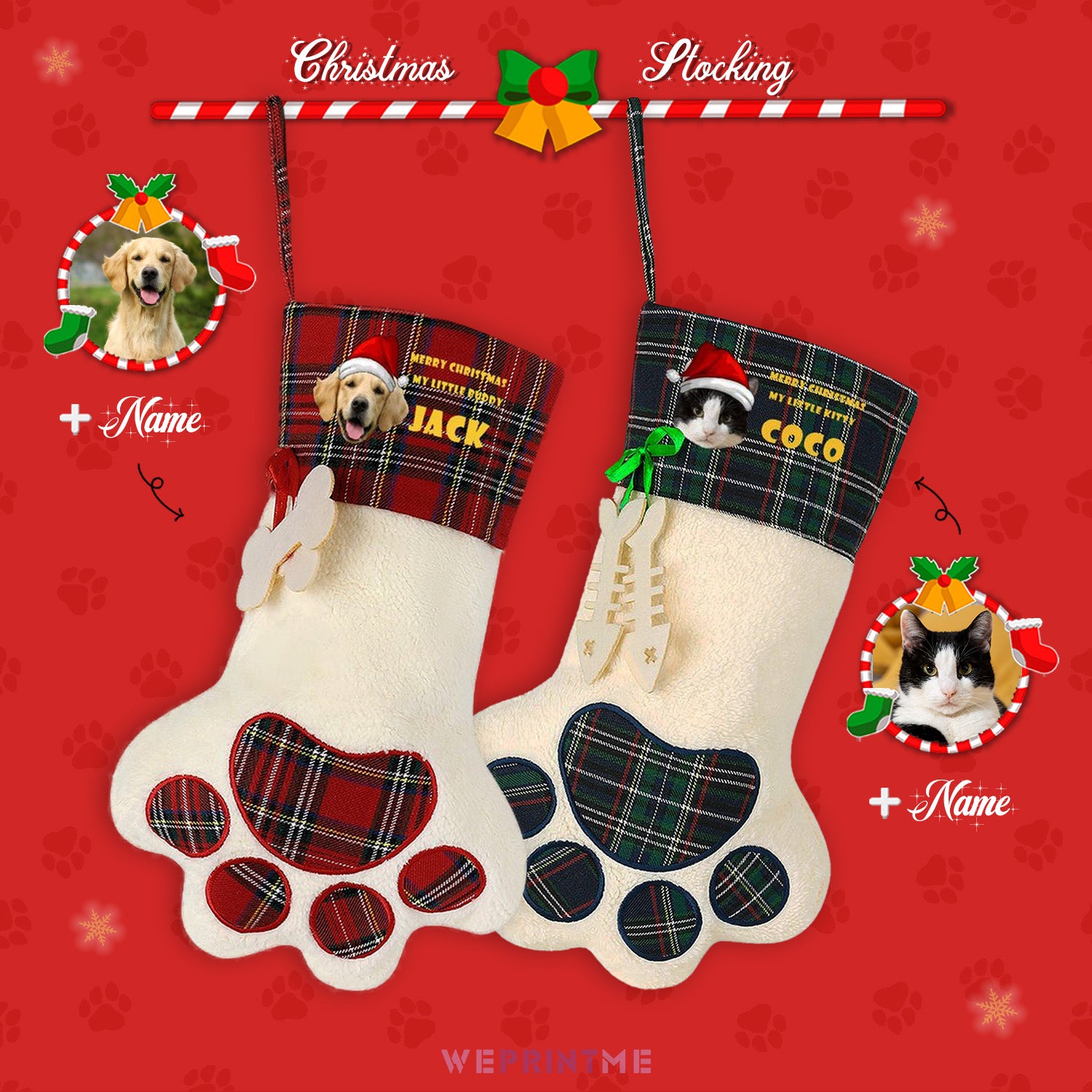 Personalized Pet Face and Name Paw Christmas Stockings-WEPRINTME-1