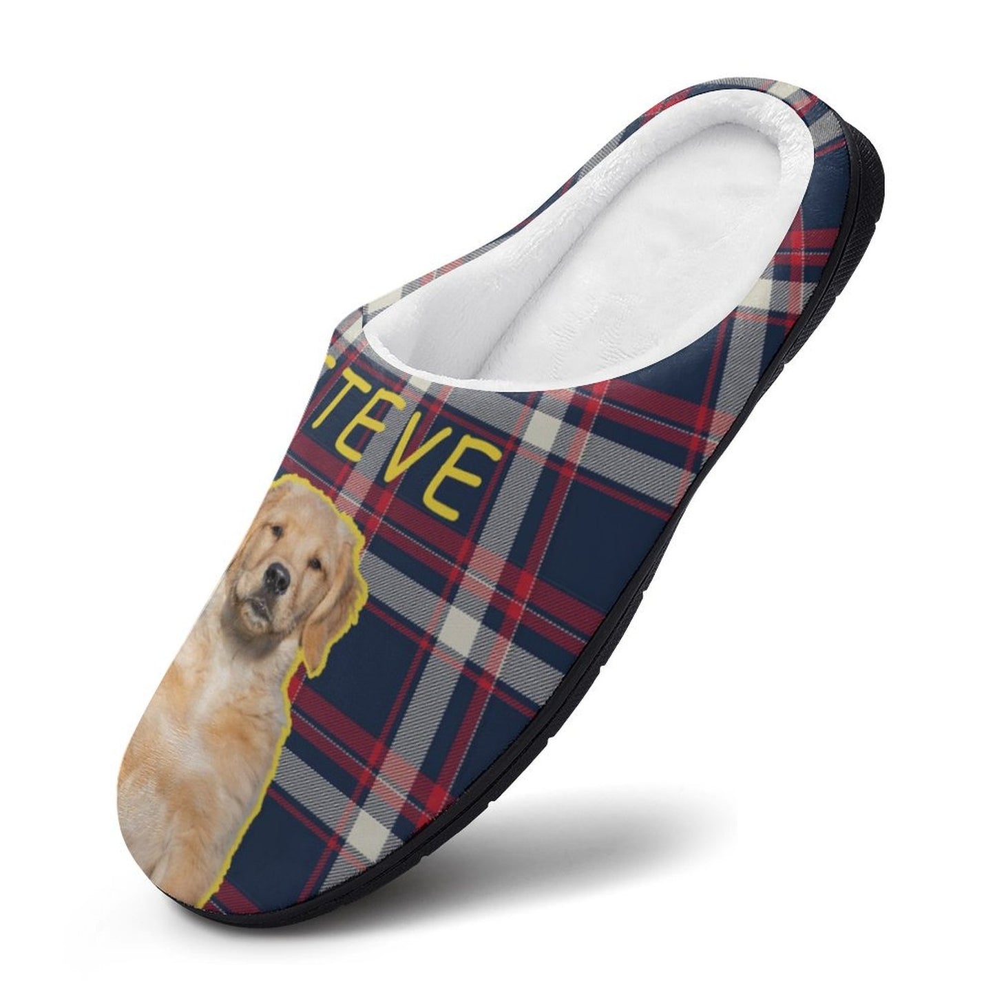 Custom Pet Face and Name Plaid Cotton Slippers