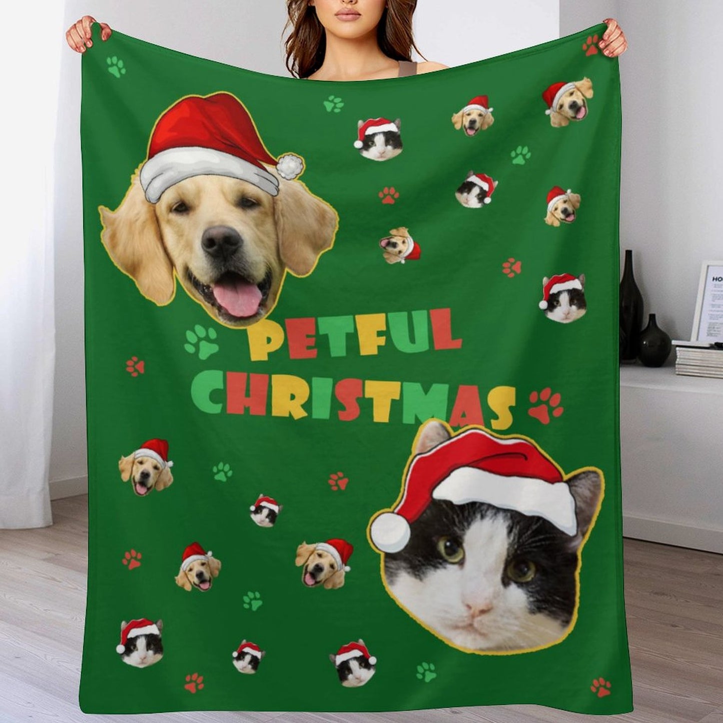 Custom Pet Face Petful Christmas Fleece Blanket-Green 2-WEPRINTME