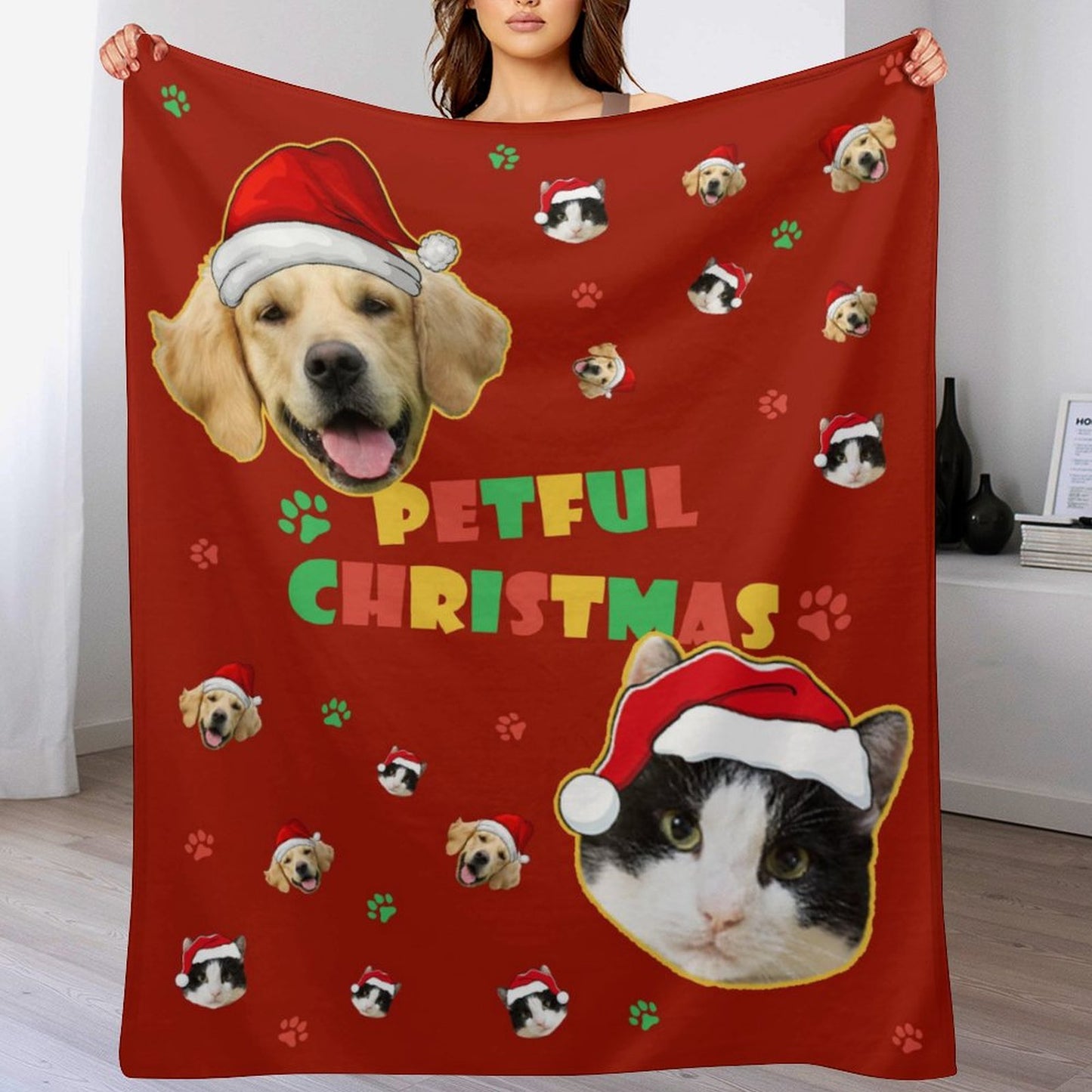 Custom Pet Face Petful Christmas Fleece Blanket-Red 8-WEPRINTME