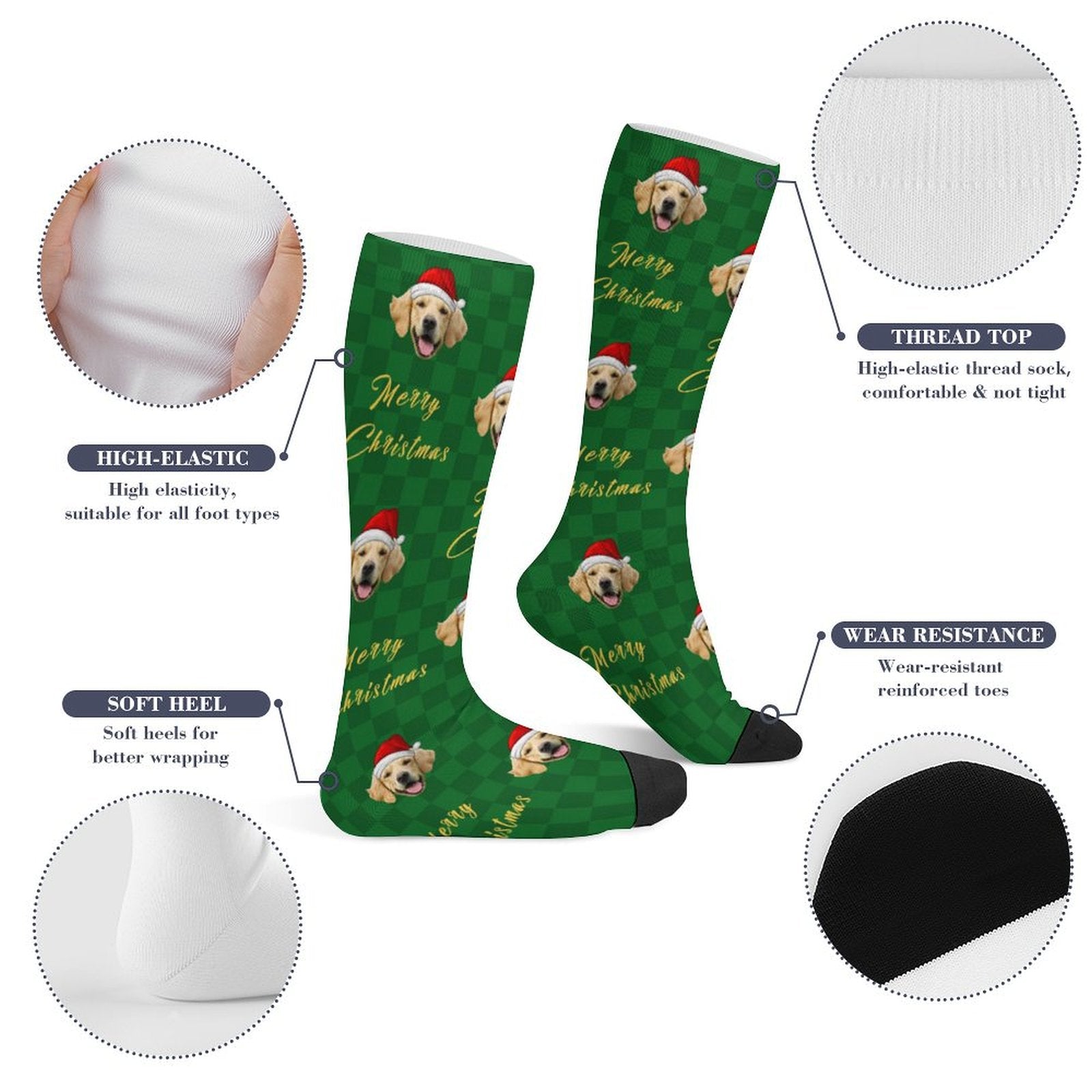 Custom Pet Face Green Plaid Christmas Socks-WEPRINTME-9