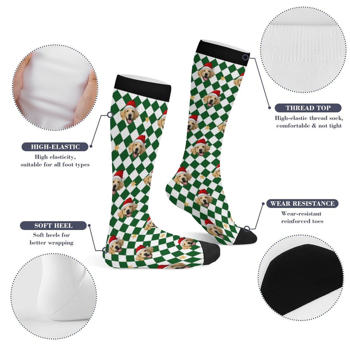 Custom Pet Face Green White Plaid Christmas Socks-WEPRINTME-9