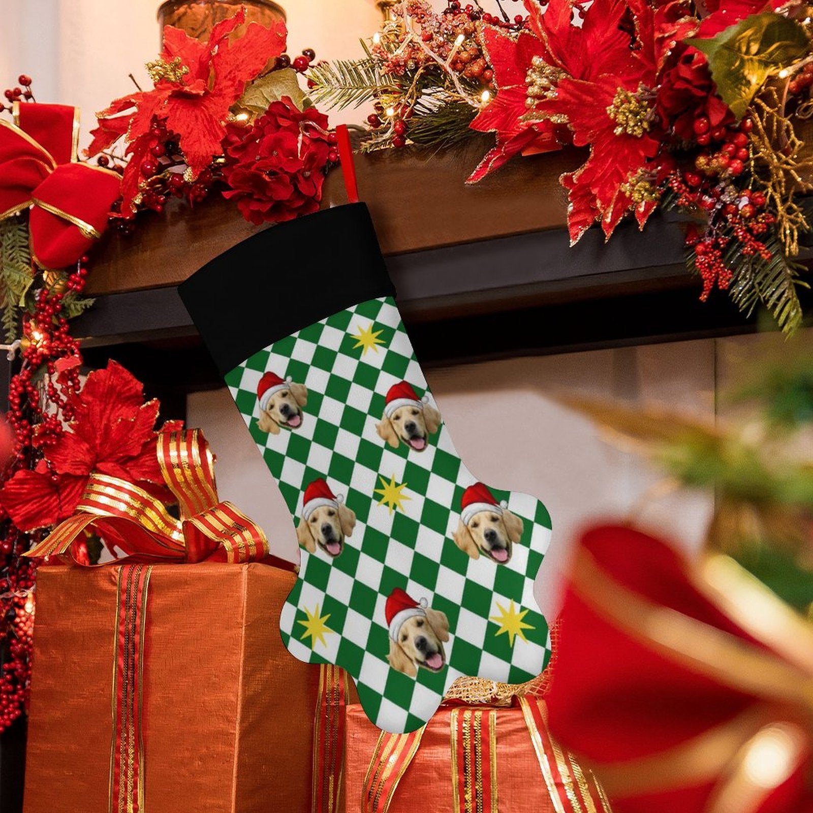 Personalized Pet Face Green Plaid Paw Christmas Stockings-WEPRINTME-7