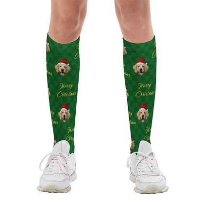 Custom Pet Face Green Plaid Christmas Socks-WEPRINTME-2