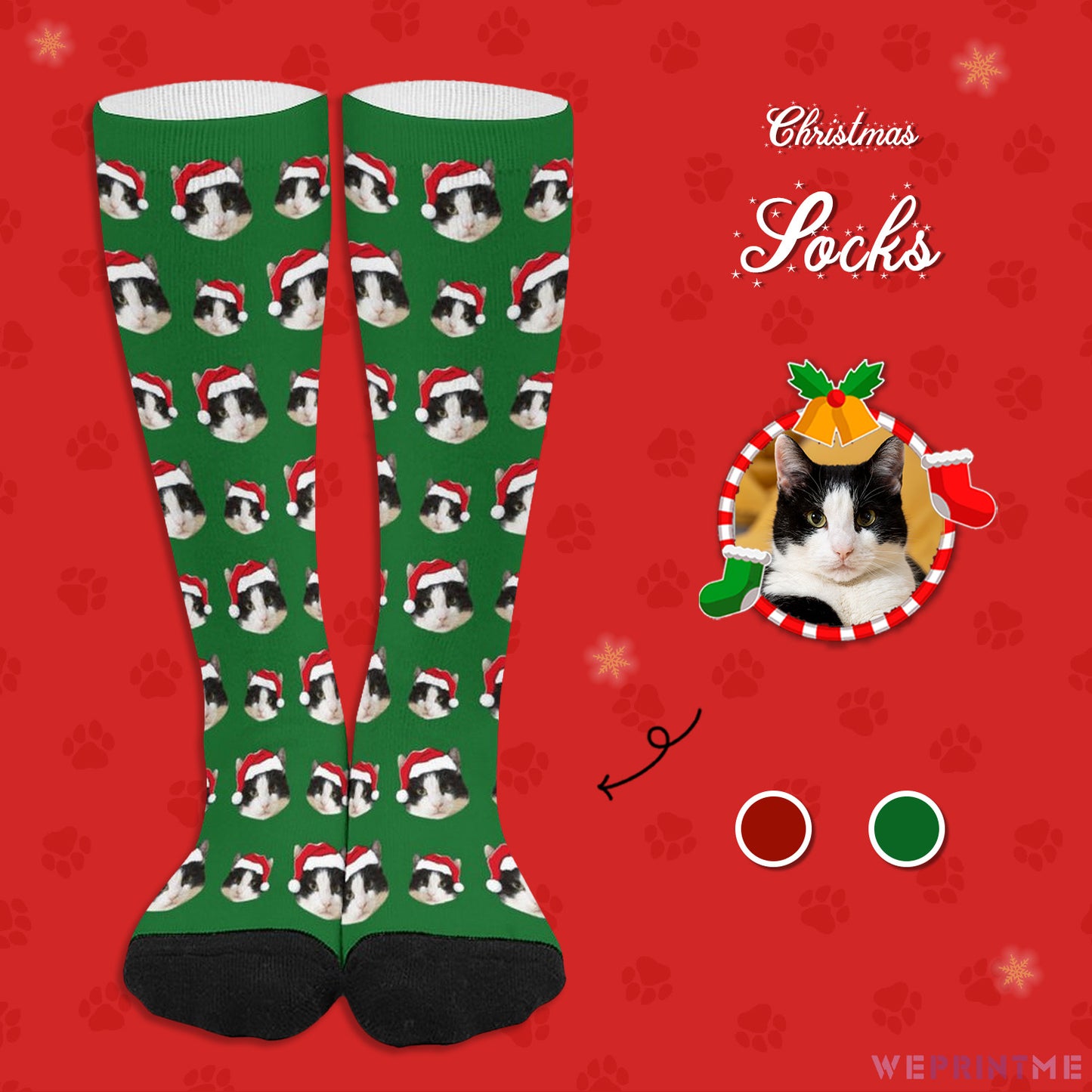 Custom Pet Face Christmas Socks-Green-WEPRINTME-1