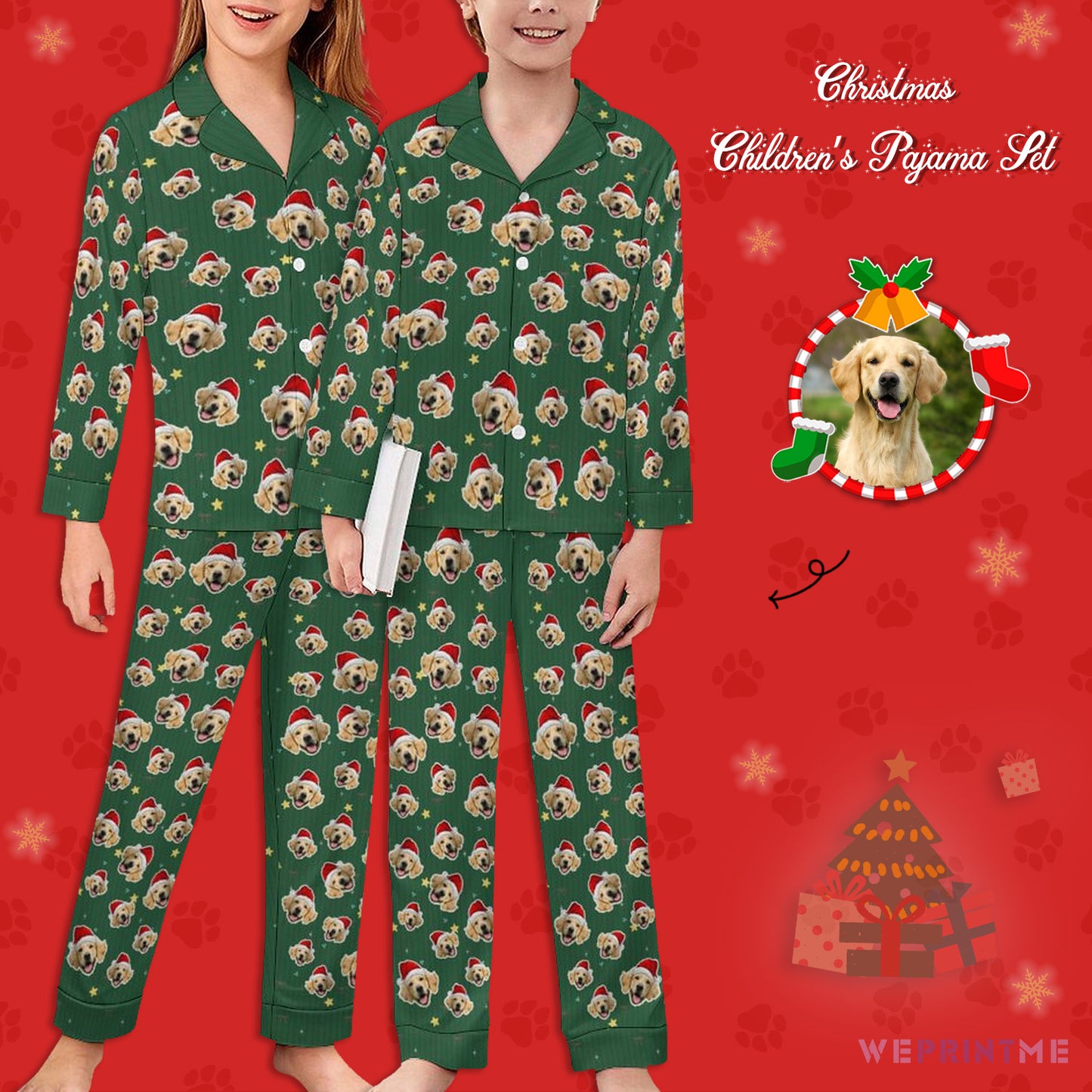 Custom Pet Face Everywhere Christmas Kids Pajamas-Green Stars-WEPRINTME