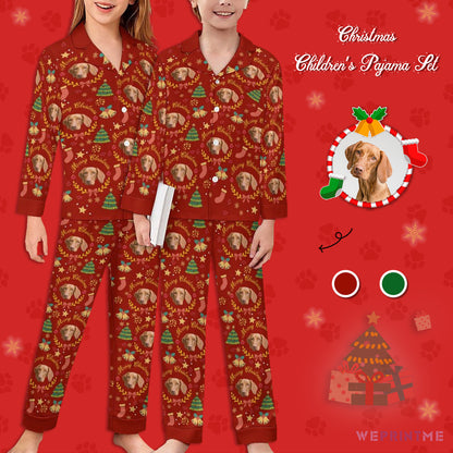 Custom Pet Face Wreath Kids Christmas Pajamas-Red Front-WEPRINTME