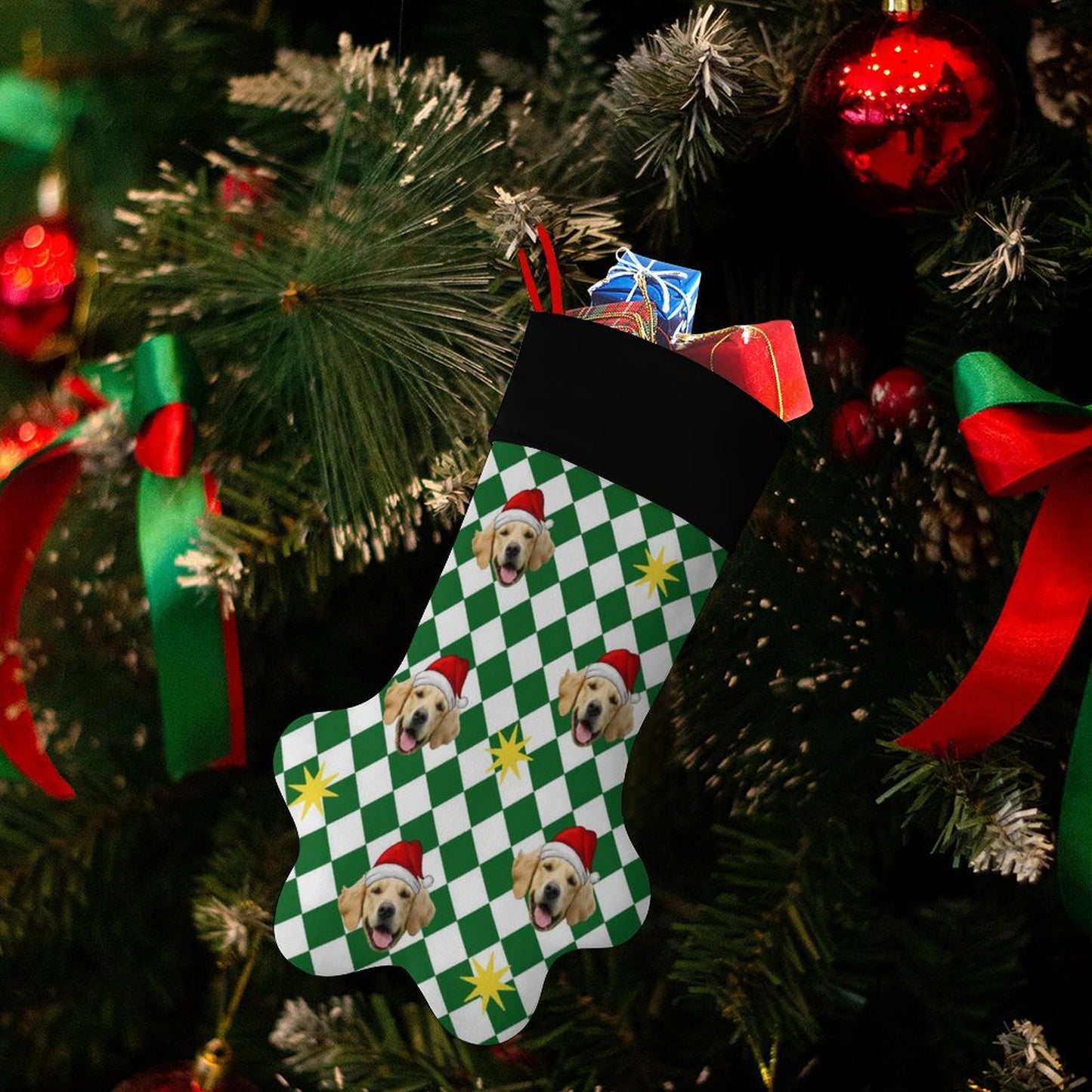 Personalized Pet Face Green Plaid Paw Christmas Stockings-WEPRINTME-8