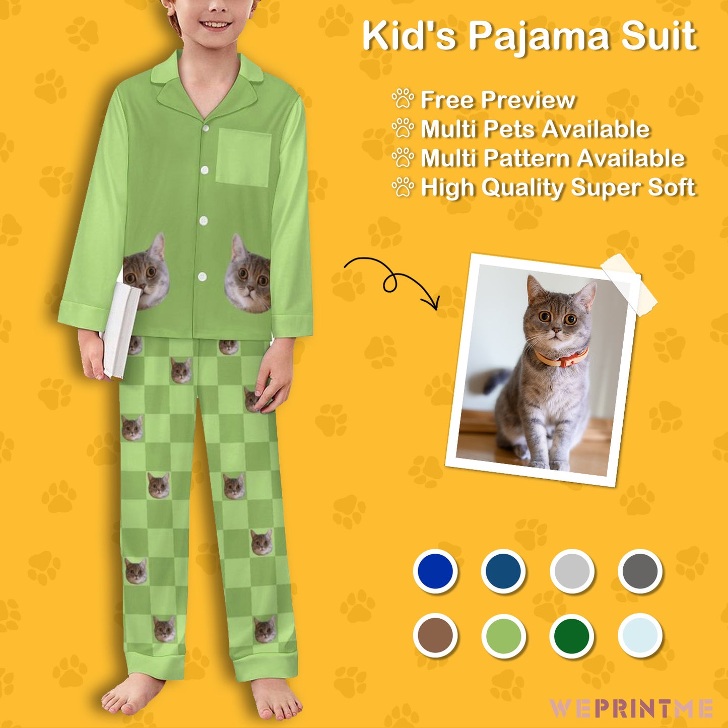 Custom Pet Face  Plaid Button-Down Kids Pajama Set