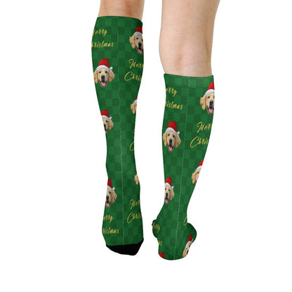 Custom Pet Face Green Plaid Christmas Socks-WEPRINTME-3