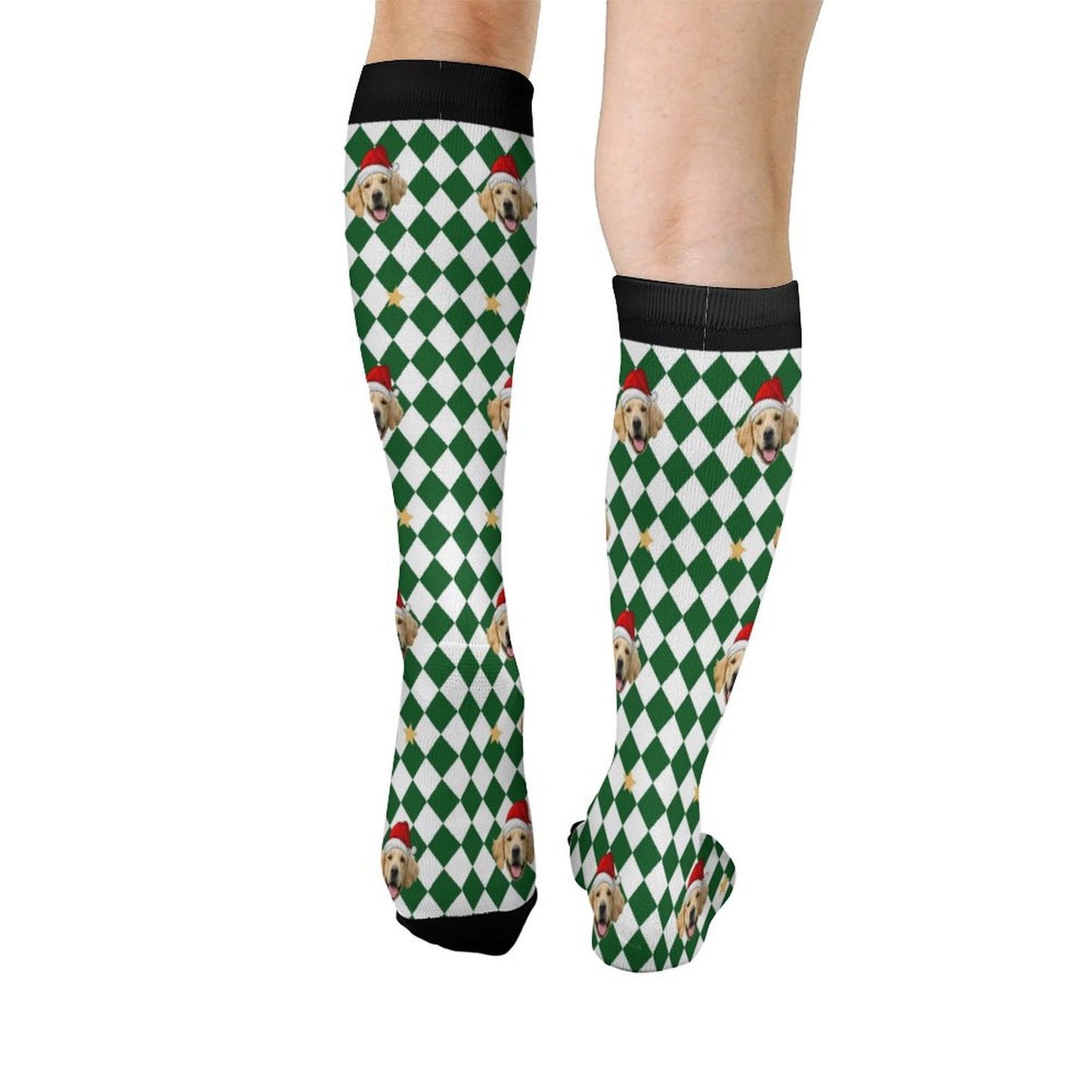 Custom Pet Face Green White Plaid Christmas Socks-WEPRINTME-3