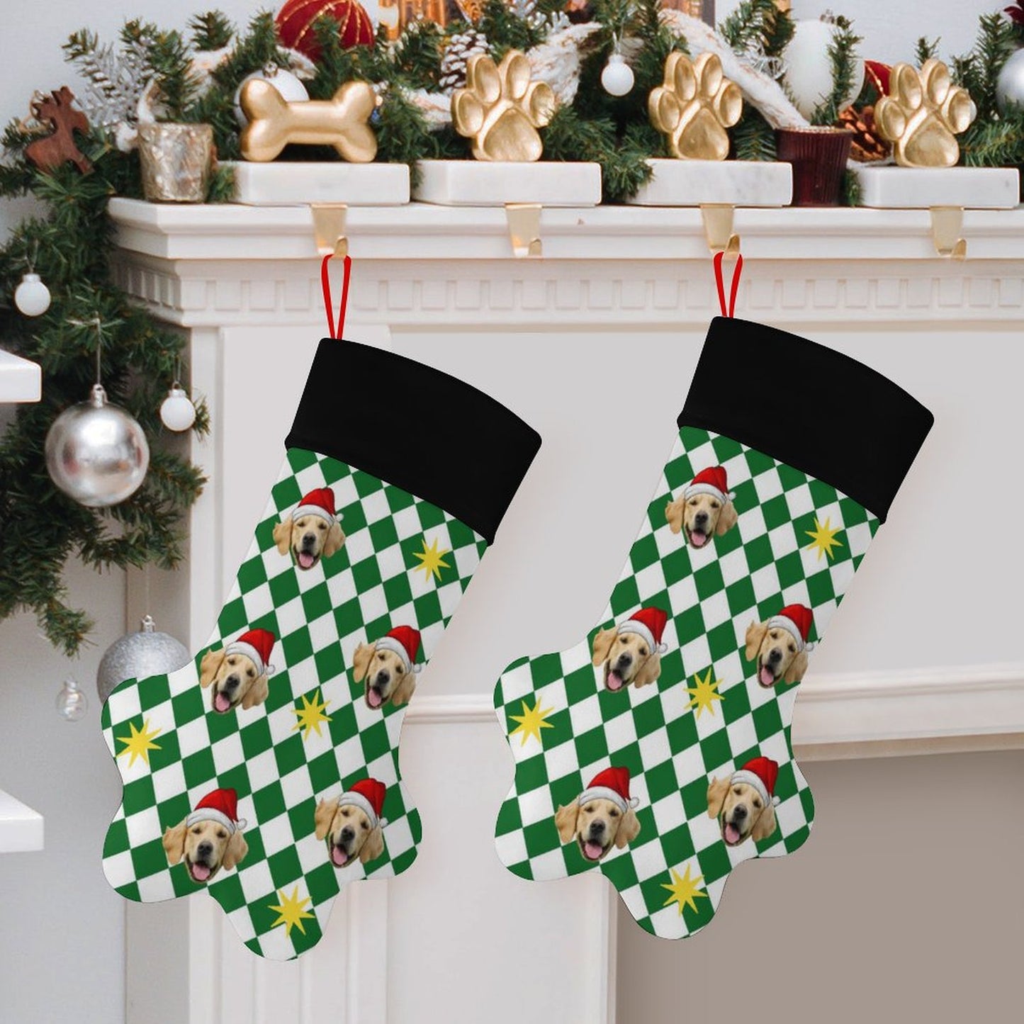 Personalized Pet Face Green Plaid Paw Christmas Stockings-WEPRINTME-2