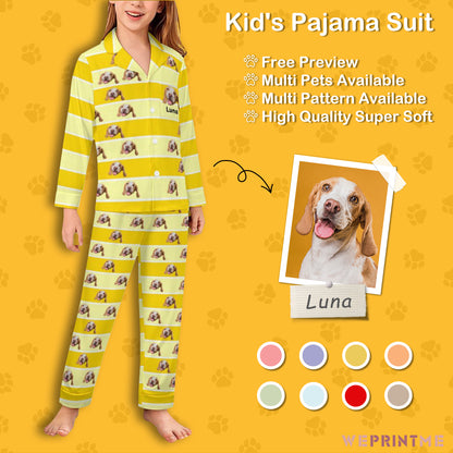 Custom Pet Face Stripe Button-Down Kids Pajama Set