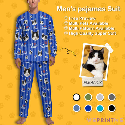 Custom Pet Face and Name Stripe Men's Long Pajama Set