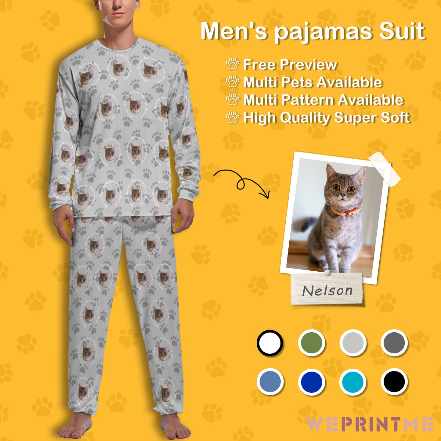 Custom Pet Face and Circle Name Men's Long Pajama Set