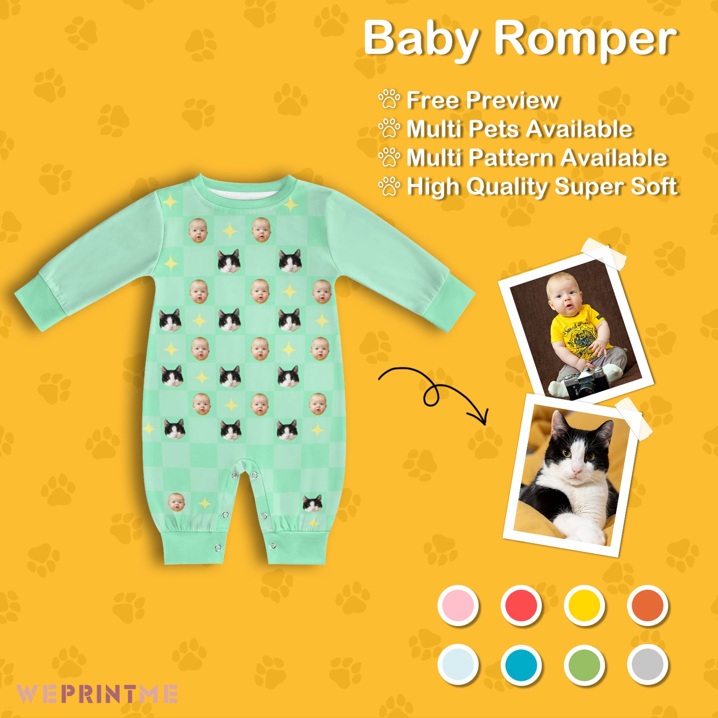 Custom Pet and Baby Face Stars Long Sleeve Romper