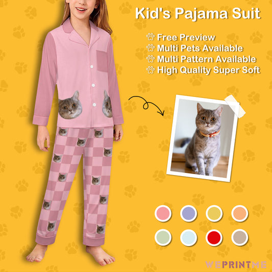 Custom Pet Face  Plaid Button-Down Kids Pajama Set