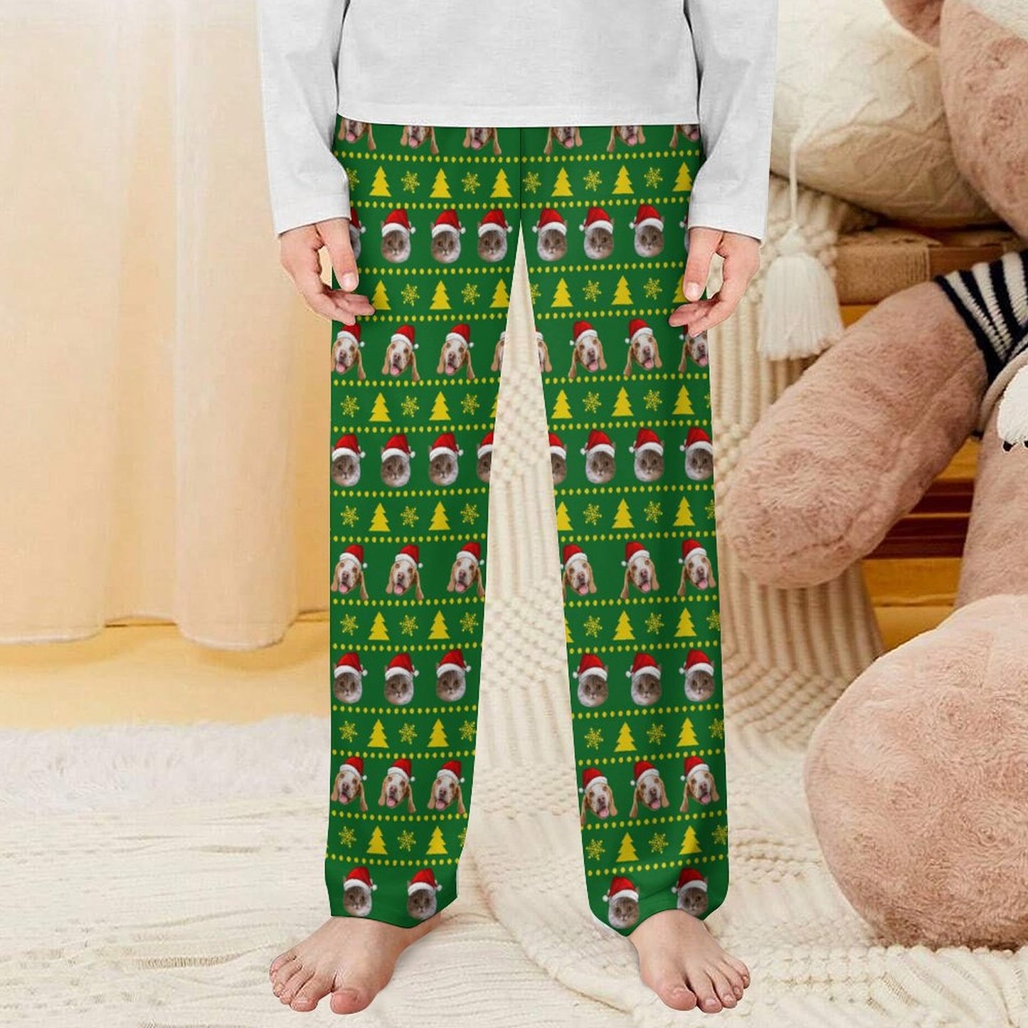 Custom Pet Face Trees Santa Pants for Kids-Front-WEPRINTME